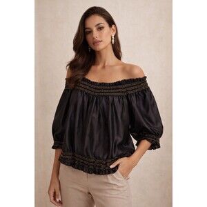 Ralph Lauren Black Label Off Shoulder Smocked Silk Blend Top Black Sz 6 Classic